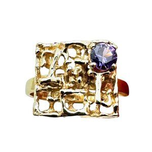 Vintage European Ring 8K Gold Purple Sapphire Modernist Design Size 7 1/4